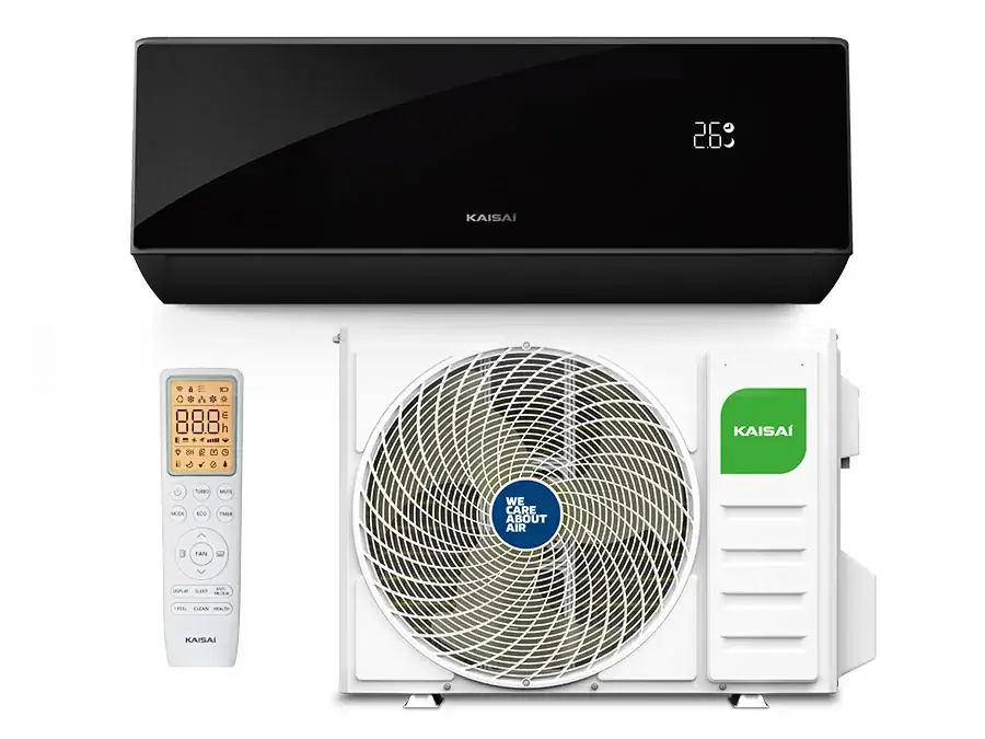 Инверторен климатик KAISAI BLACK PRO HEAT + 12 Инверторен стенен климатик KAISAI BLACK PRO HEAT + 12 KRB-12TLHI / KRWB-12TLHO – вътрешно и външно тяло с дистанционно управление
