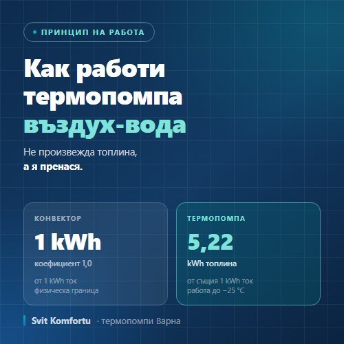 Как работи термопомпа въздух-вода: от 1 kWh ток конвекторът дава 1 kWh топлина, а термопомпата със SCOP 5,22 — над пет пъти повече