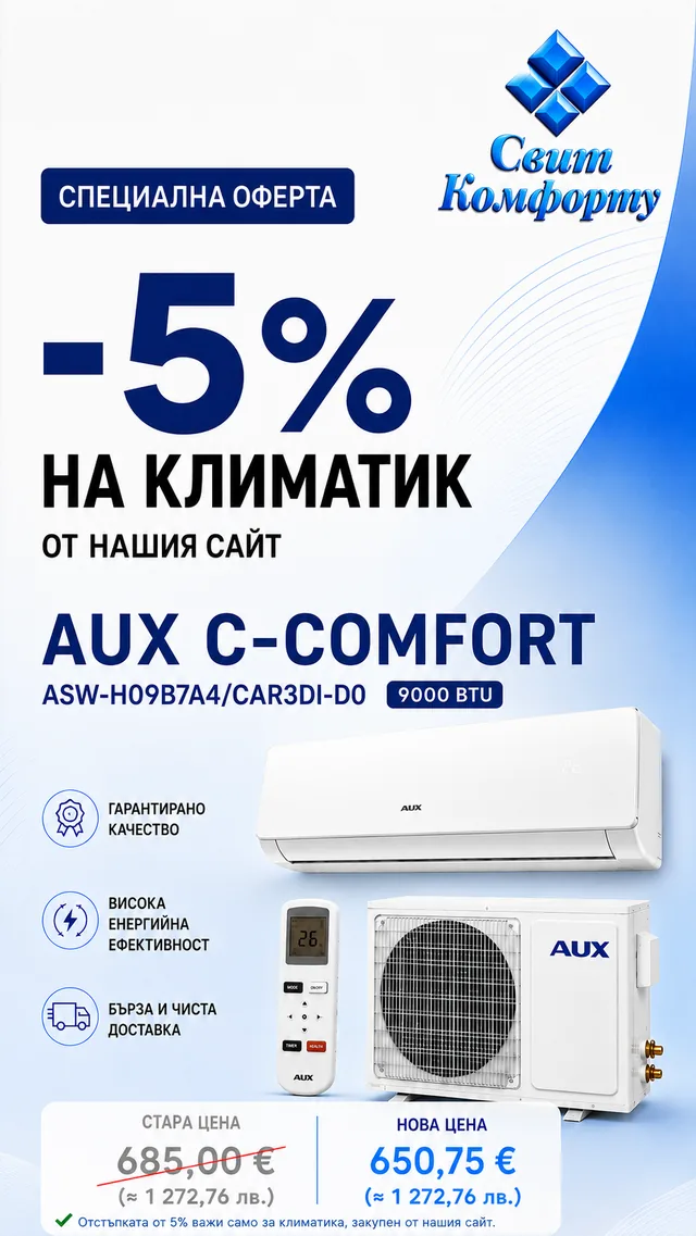 Специална оферта -5%: инверторен климатик AUX C-Comfort ASW-H09B7A4/CAR3DI-D0, 9000 BTU — 650,75 €