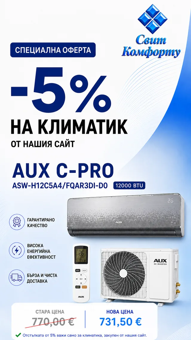 Специална оферта -5%: инверторен климатик AUX C-PRO ASW-H12C5A4/FQAR3DI-D0, 12000 BTU — 731,50 €