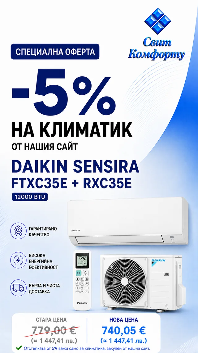 Специална оферта -5%: инверторен климатик Daikin Sensira FTXC35E + RXC35E, 12000 BTU — 740,05 €