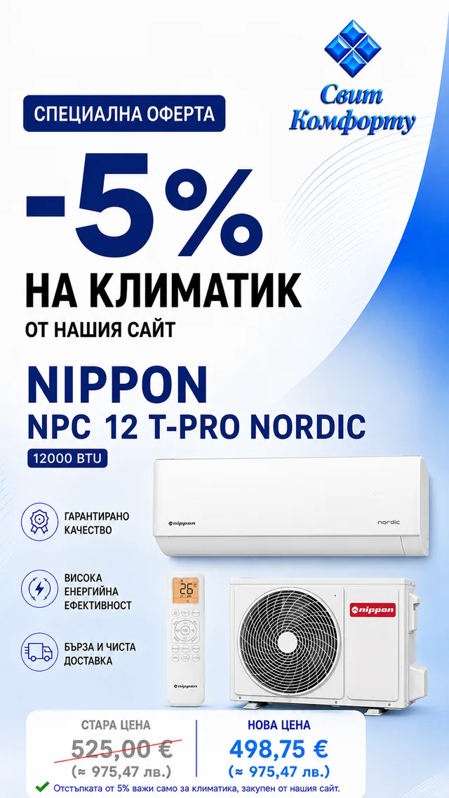 Специална оферта -5%: инверторен климатик Nippon NPC 12 T-PRO Nordic, 12000 BTU — 498,75 €