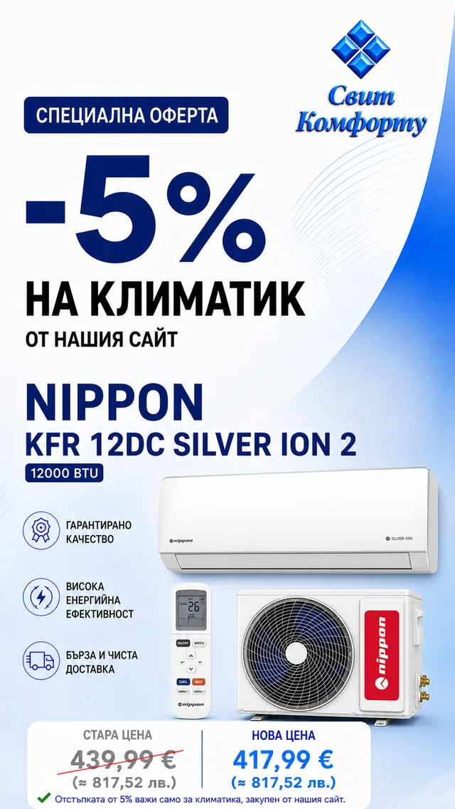 Специална оферта -5%: инверторен климатик Nippon KFR 12DC Silver Ion 2, 12000 BTU — 417,99 €
