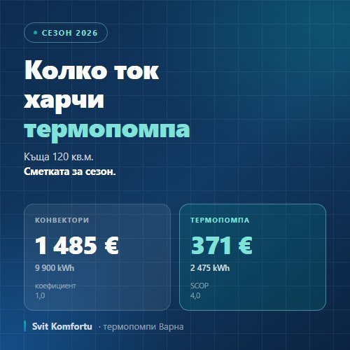 Колко ток харчи термопомпа — 371 € за сезон срещу 1 485 € с конвектори
