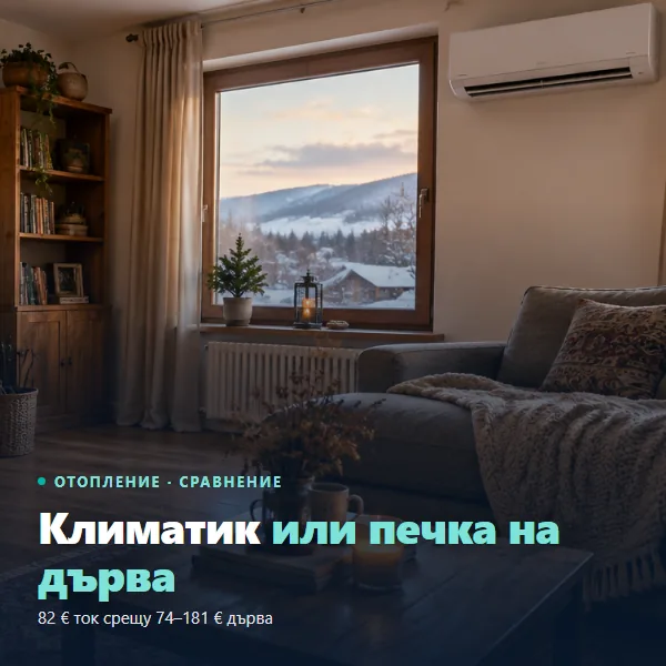 Климатик или печка на дърва: стенен климатик над прозореца в хол със зимна гледка