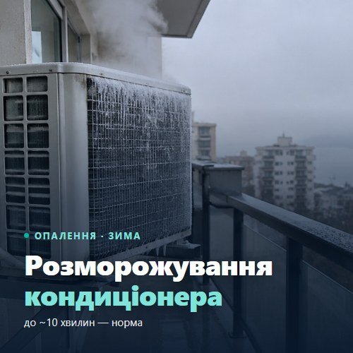 Размразяване на климатик — скреж и пара от външното тяло през зимата