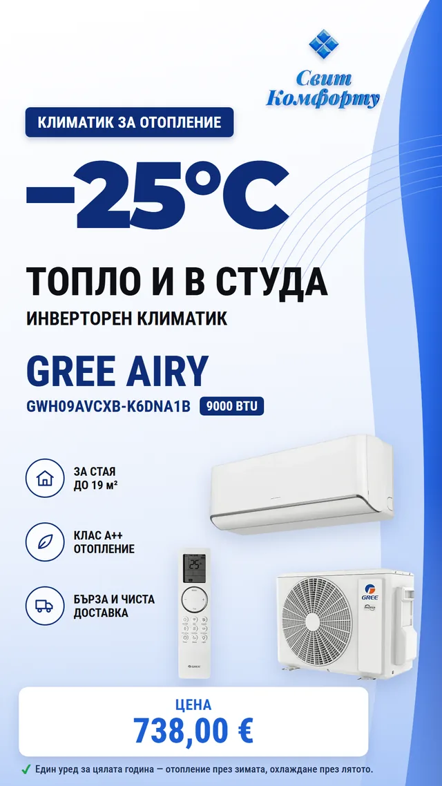 Heating air conditioner Gree Airy GWH09AVCXB-K6DNA1B, 9000 BTU, heats down to −25 °C, for a room up to 19 m² — 738,00 €