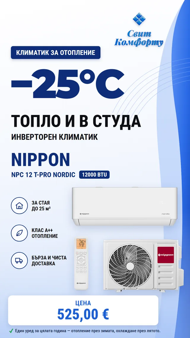 Heating air conditioner Nippon NPC 12 T-PRO Nordic, 12000 BTU, heats down to −25 °C, for rooms up to 25 m² — 525,00 €