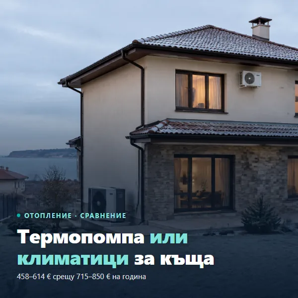 Термопомпа или климатици за къща: външно тяло на термопомпа до къща и климатици на фасадата през зимата