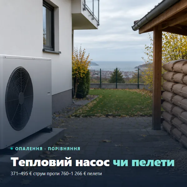 Термопомпа или пелети: външно тяло на термопомпа въздух-вода и чували с пелети под навес до къща