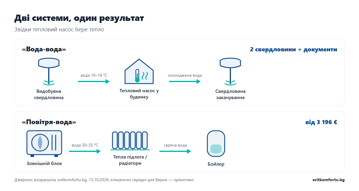 Схема: «вода-вода» з видобувною свердловиною та свердловиною закачування проти «повітря-вода» із зовнішнім блоком