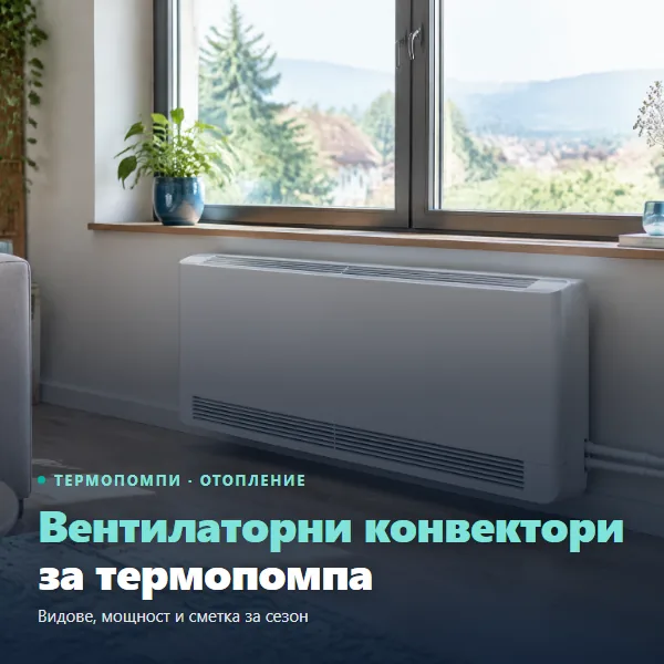 Вентилаторен конвектор за термопомпа под прозореца в дневна на къща